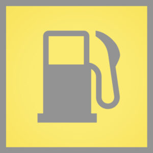 A straightforward graphic depicting a grey gas pump icon set against a yellow background, commonly used to signify a gas station or fuel services. The pump features a handle and nozzle on the right side, reminiscent of the classic Colour Laminae for Warning Light Module (50 pcs.), indicating coolant temperature (red).