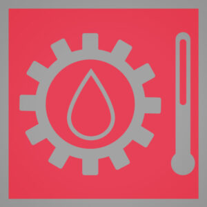 Symbol eines Tropfens umringt von einem Zahnradsymbol und rechts davon ein Thermometer Symbol auf rotem Grund