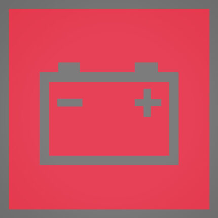 Abbildung eines grauen Autobatteriesymbols mit Plus- und Minuspol auf leuchtend rotem quadratischem Hintergrund