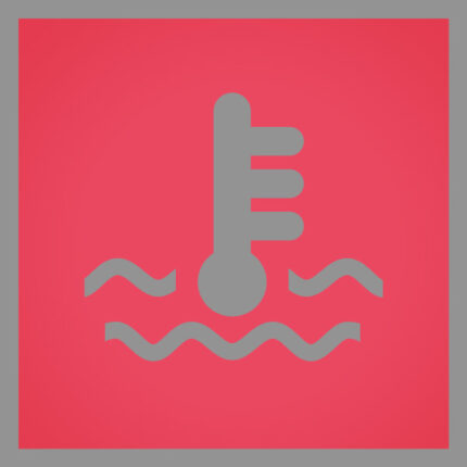 Ein graues Symbol auf rotem Hintergrund zeigt ein teilweise in Wasser eingetauchtes Thermometer