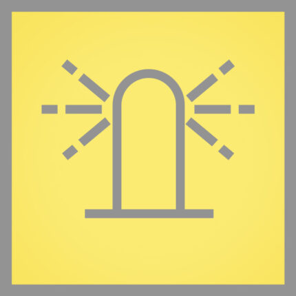 Ein graues Symbol auf gelbem Hintergrund stellt eine halbkreisförmige Form mit mehreren seitlich nach außen verlaufenden Linien dar und ähnelt dem Symbolplättchen-Set à 50 St. Kennleuchte (gelb)